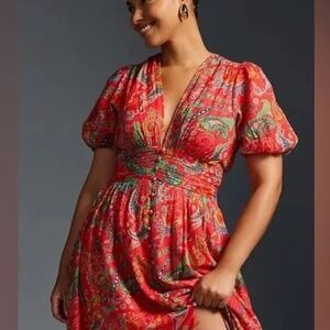 EUC Katerina Lurex button front midi dress in red paisley.